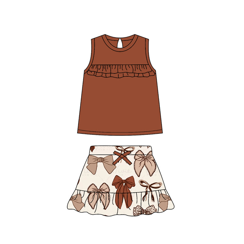 (Custom Design Preorder MOQ 5)  Brown Top Bows Skirts Girls Summer Clothes Set
