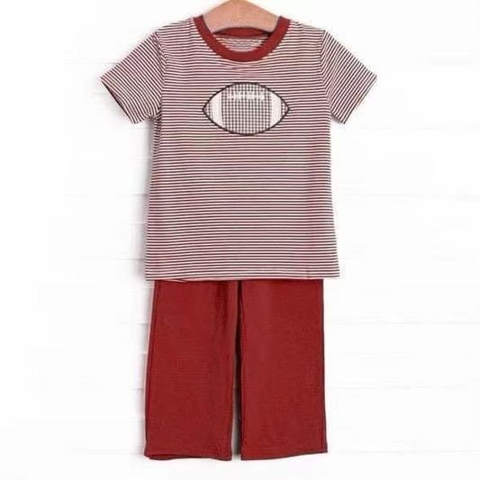 (Custom Design Preorder MOQ 5) Football Stripes Top Wine Pants Boys Clothes Set