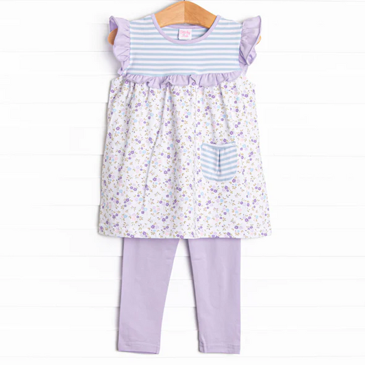 (Custom Design Preorder MOQ 5) Small Flowers Tunic Top Purple Pants Girls Spring Clothes Set