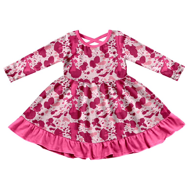(Custom Design Preorder MOQ 5) Pink Cow Print Girls Valentine's Knee Length Dress