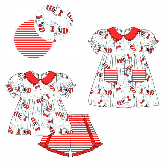 11.12(Custom Design Preorder MOQ 5 Each Design) Dr.Reading Cat Hat Print Girls Summer Matching Clothes Set Sisters Wear
