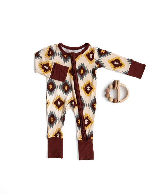 (Custom Design Preorder MOQ 5) Wine Aztec Print Baby Girls Fall Bamboo Sleeper Zipper Romper