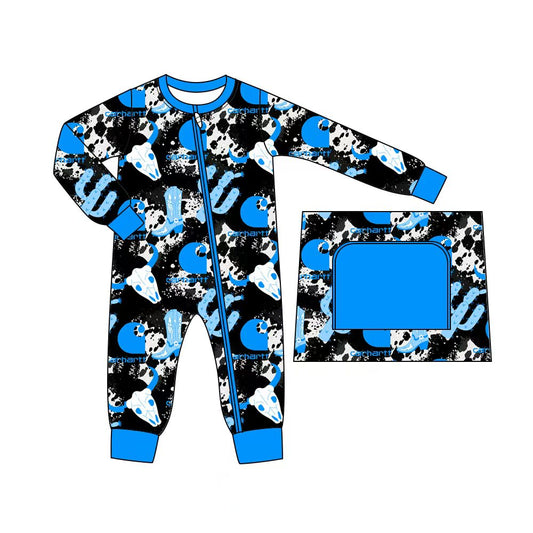 (Custom Design Preorder MOQ 5) Boots Cactus Blue Print Baby Boys Western Sleeper Zipper Romper