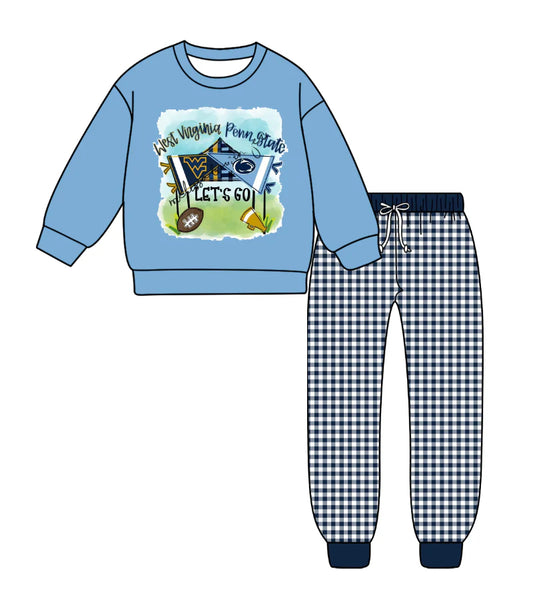 (Custom Design Preorder MOQ 5) Team's West Virginia Top Plaid Pants Boys Fall Clothes Set