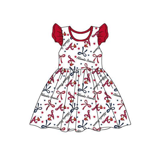 (Custom Design Preorder MOQ 5) Team's Atlanta Braves Bows Print Girls Knee Length Dress