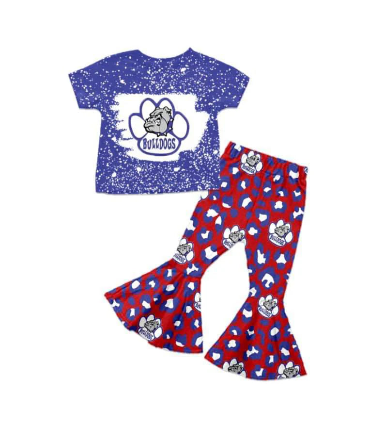 (Custom Design Preorder MOQ 5) Team's Bulldogs Blue Top Leopard Bell Pants Girls Clothes Set