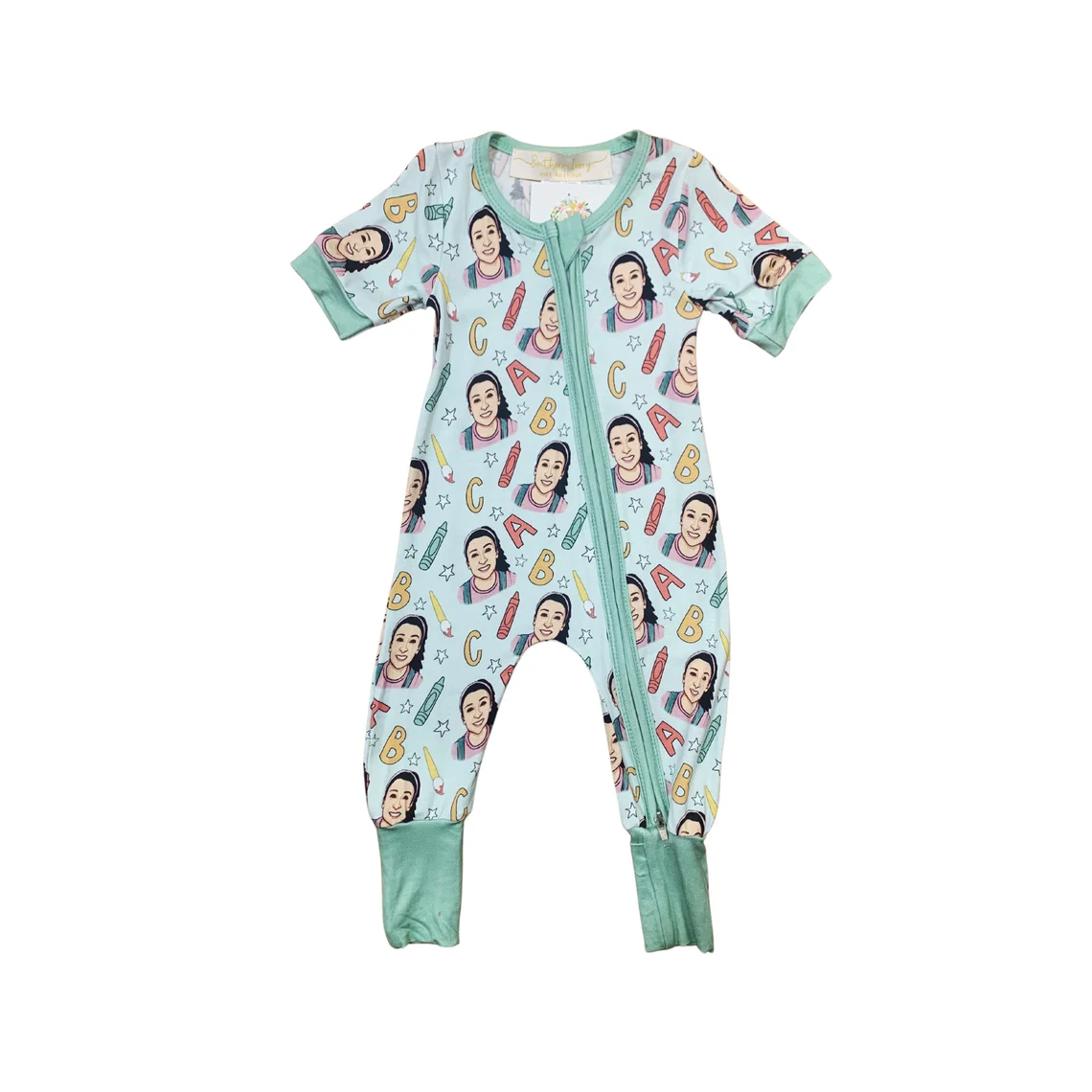 (Custom Design Preorder MOQ 5)  Cartoon Teacher ABC Print Baby Bamboo Sleeper Zipper Romper