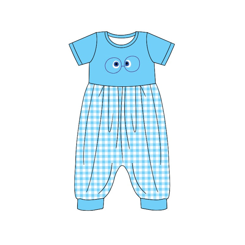 (Custom Design Preorder MOQ 5) Cartoon Figure Inside Out Blue Plaid Print Girls Jumpsuits Baby Romper