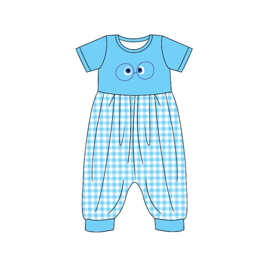 (Custom Design Preorder MOQ 5) Cartoon Figure Inside Out Blue Plaid Print Girls Jumpsuits Baby Romper