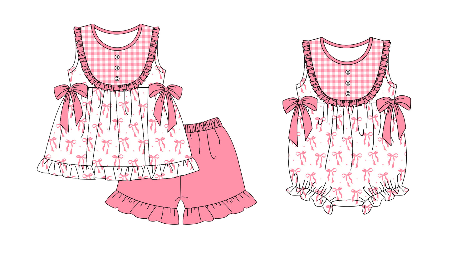 11.18(Custom Design Preorder MOQ 5 Each Design) Pink Bows Print Girls Summer Matching Clothes Sisters Wear