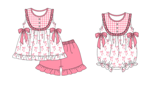 11.18(Custom Design Preorder MOQ 5 Each Design) Pink Bows Print Girls Summer Matching Clothes Sisters Wear