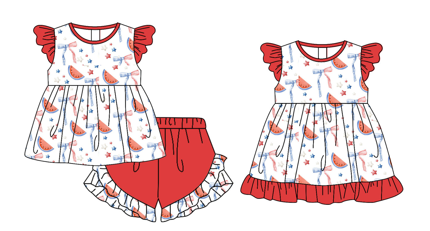12.23 (Custom Design Preorder MOQ 5 Each Design) Watermelon Bows Stars Print Girls 4th of July Matching Clothes Sisters Wear