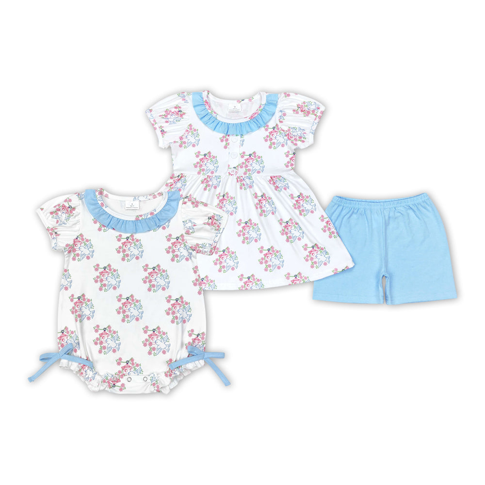 Flowers Dove Blue Print Sisters Summer Matching Clothes