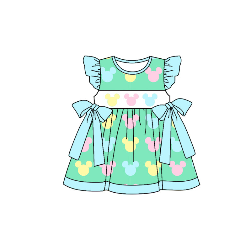 (Custom Design Preorder MOQ 5) Colorful Cartoon Mouse Print Girls Knee Length Summer Dress