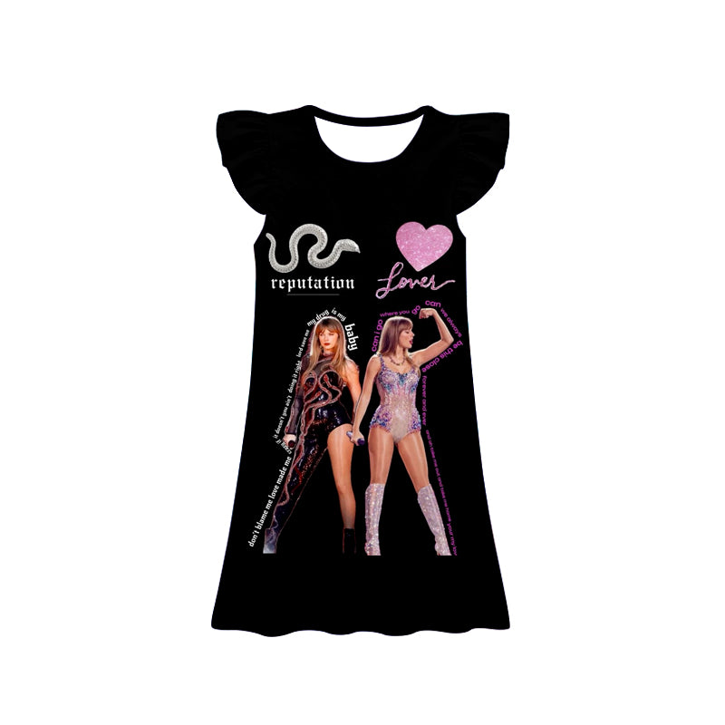 11.23(Custom Design Preorder MOQ 5) Singer Swiftie Black Print Girls Flutter Sleeve Knee Length Dress
