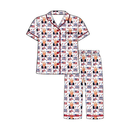 (Custom Design Preorder MOQ 5)  Adult Trump Flag Print Woman Fall Buttons Pajamas Clothes Set