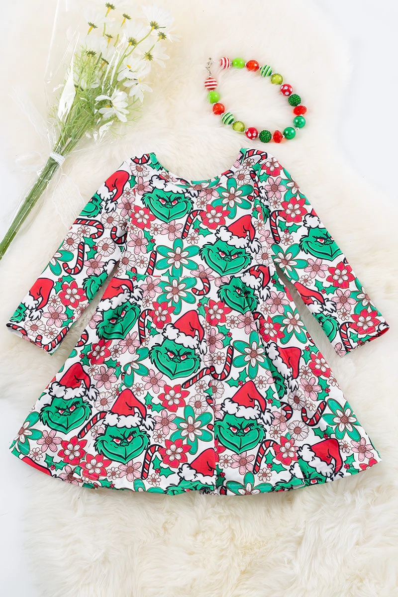 (Custom Design MOQ 5) Christmas Frog Candy Cane Print Knee Length Dress