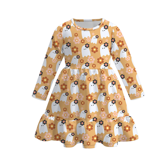 (Custom Design Preorder MOQ 5) Ghost Flowers Print Girls Knee Length Halloween Dress