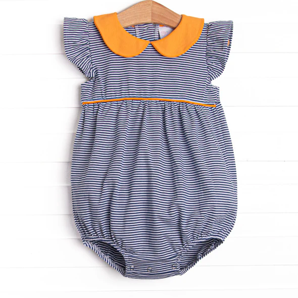 (Custom Design Preorder MOQ 5) Navy Stripes Print Baby Girls Summer Romper