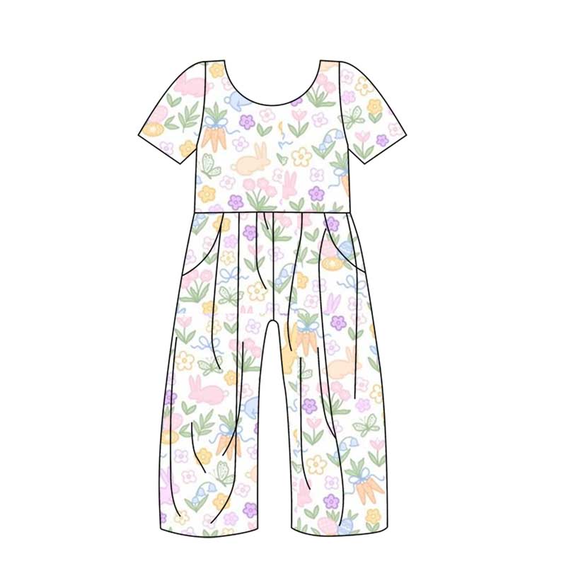 (Custom Design Preorder MOQ 5) Bunny Bows Flowers Print Girls Pockets Easter Jumpsuits