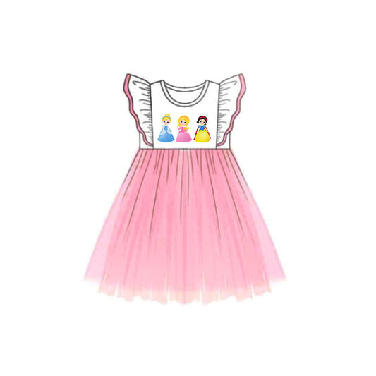 (Custom Design Preorder MOQ 5) Cartoon Princess Pink Print Girls Knee Length Tulle Dress