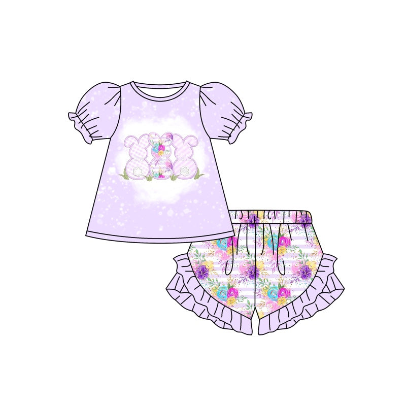 (Custom Design Preorder MOQ 5) Violet Flowers Bunny Shorts Girls Easter Clothes Set