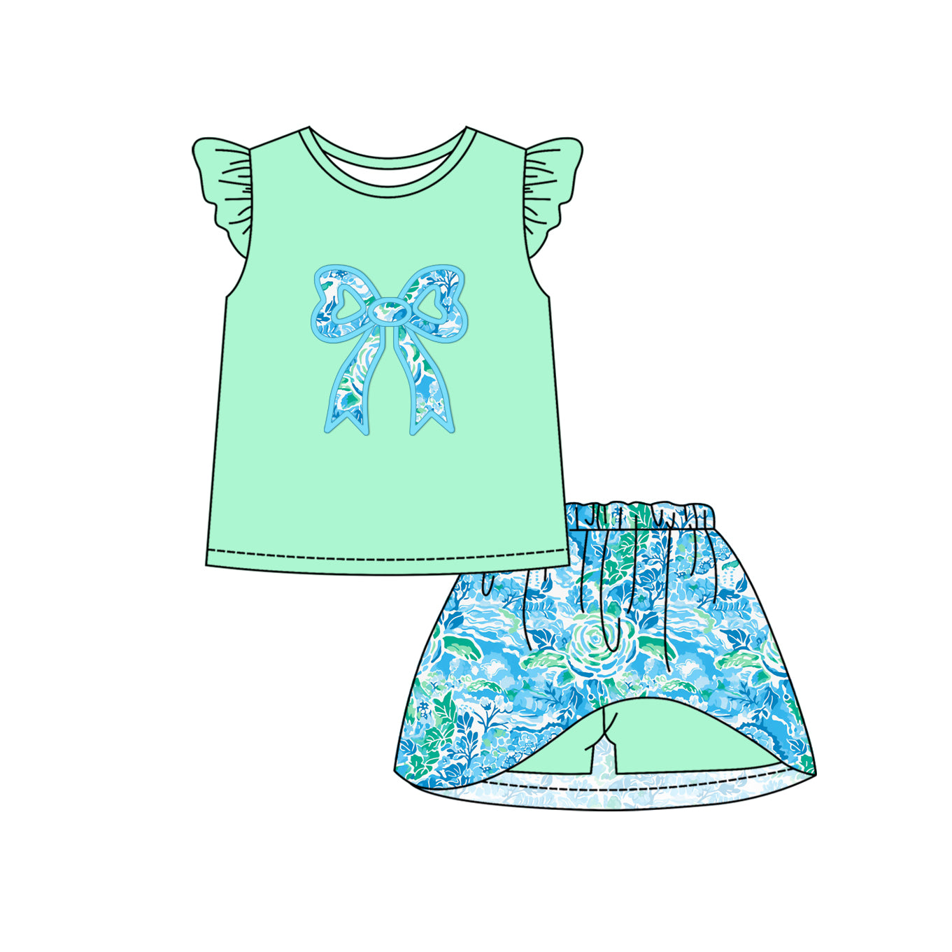 12.9(Custom Design Preorder MOQ 5) Bow Green Print Flowers Skirts Shorts Girls Summer Clothes Set