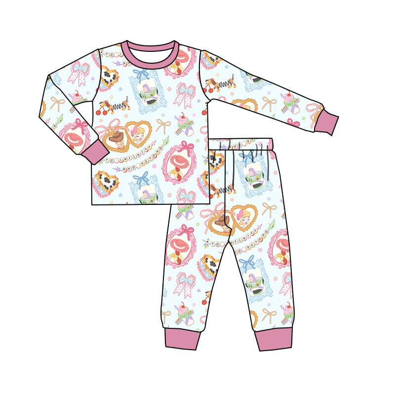 (Custom Design Preorder MOQ 5) Cartoon Toys Bows Print Girls Pajamas Clothes Set