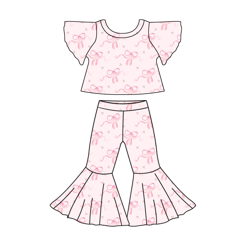 (Custom Design Preorder MOQ 5) Bows Flowers White Print Girls Clothes Set