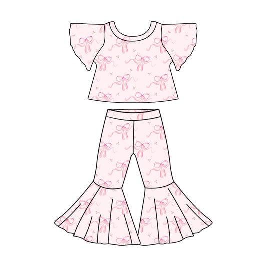 (Custom Design Preorder MOQ 5) Bows Flowers White Print Girls Clothes Set