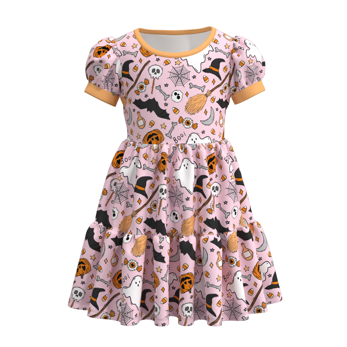 (Custom Design Preorder MOQ 5) Pumpkin Candy Hat Print Girls Knee Length Halloween Dress