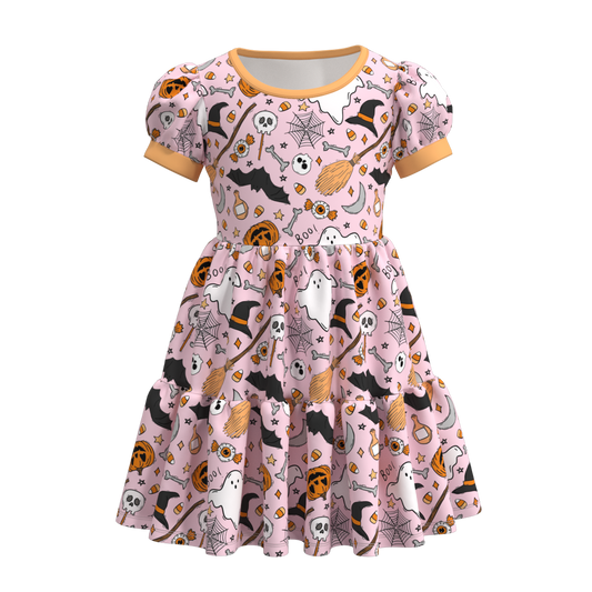 (Custom Design Preorder MOQ 5) Pumpkin Candy Hat Print Girls Knee Length Halloween Dress