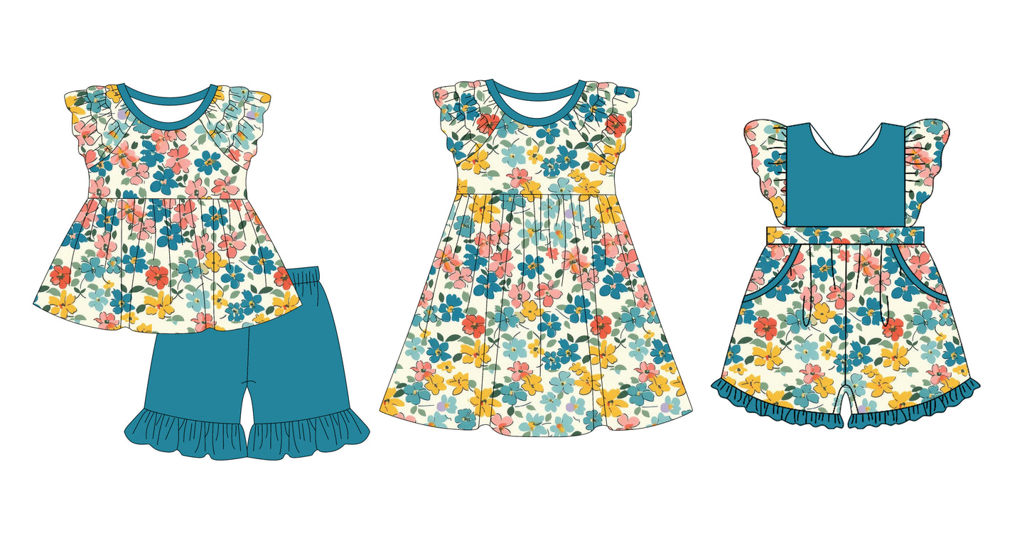 12.10(Custom Design Preorder MOQ 5 Each Design) Flowers Blue Print Girls Summer Matching Clothes Sisters Wear