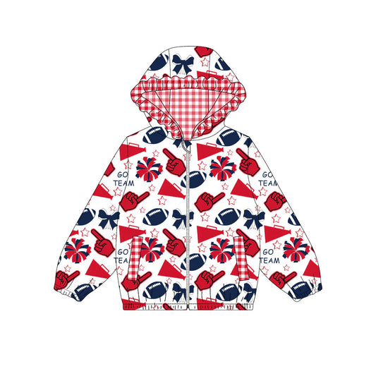 (Custom Design Preorder MOQ 5) Red Navy Go Team Cheer Bows Print Pockets Girls Long Sleeve Zipper Jackets Top
