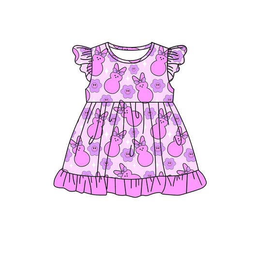 (Custom Design Preorder MOQ 5) Bunny Flowers Hotpink Print Girls Easter Knee Length Dress
