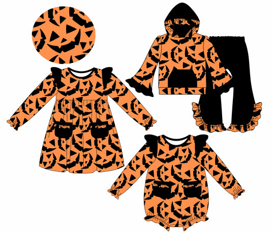 7.23(Custom Design Preorder MOQ 5 Each Design) Smiling Face Orange Print Girls Halloween Matching Clothes Sisters Wear