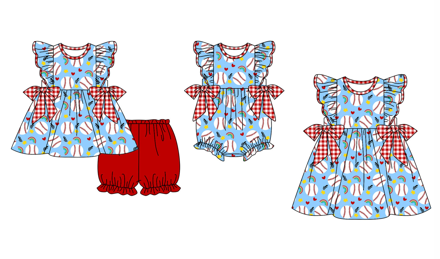 11.29(Custom Design Preorder MOQ 5 Each Design) Baseball Rainbow Print Girls Summer Matching Clothes Sisters Wear