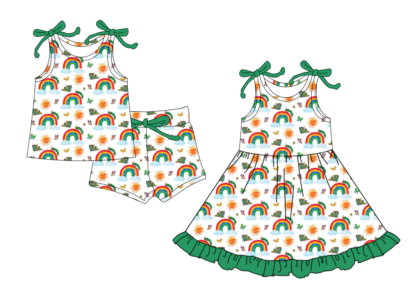 4.14(Custom Design Preorder MOQ 5 Each Design) Hungry Caterpillar Rainbow Print Girls Summer Matching Clothes Sisters Wear