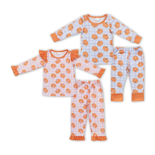 Pumpkin Plaid Print Sibling Fall Matching Bamboo Pajamas Clothes