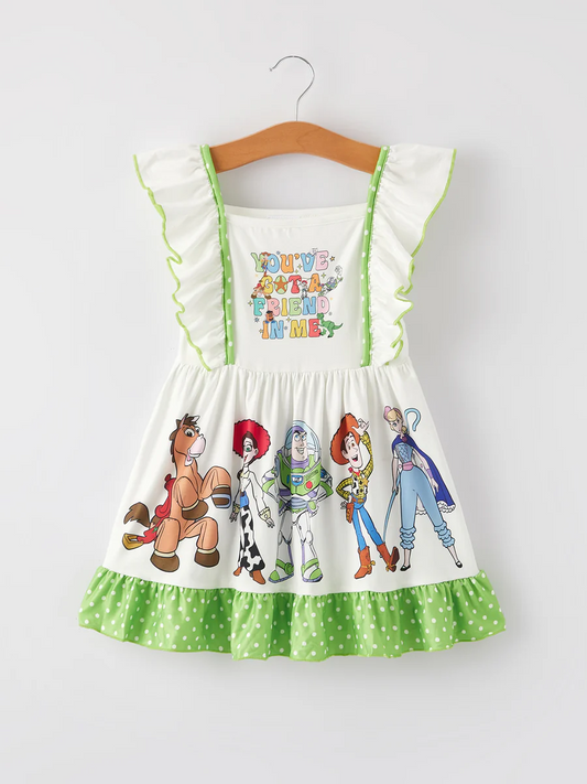 (Custom Design Preorder MOQ 5) Cartoon Toys Print Girls Knee Length Dress