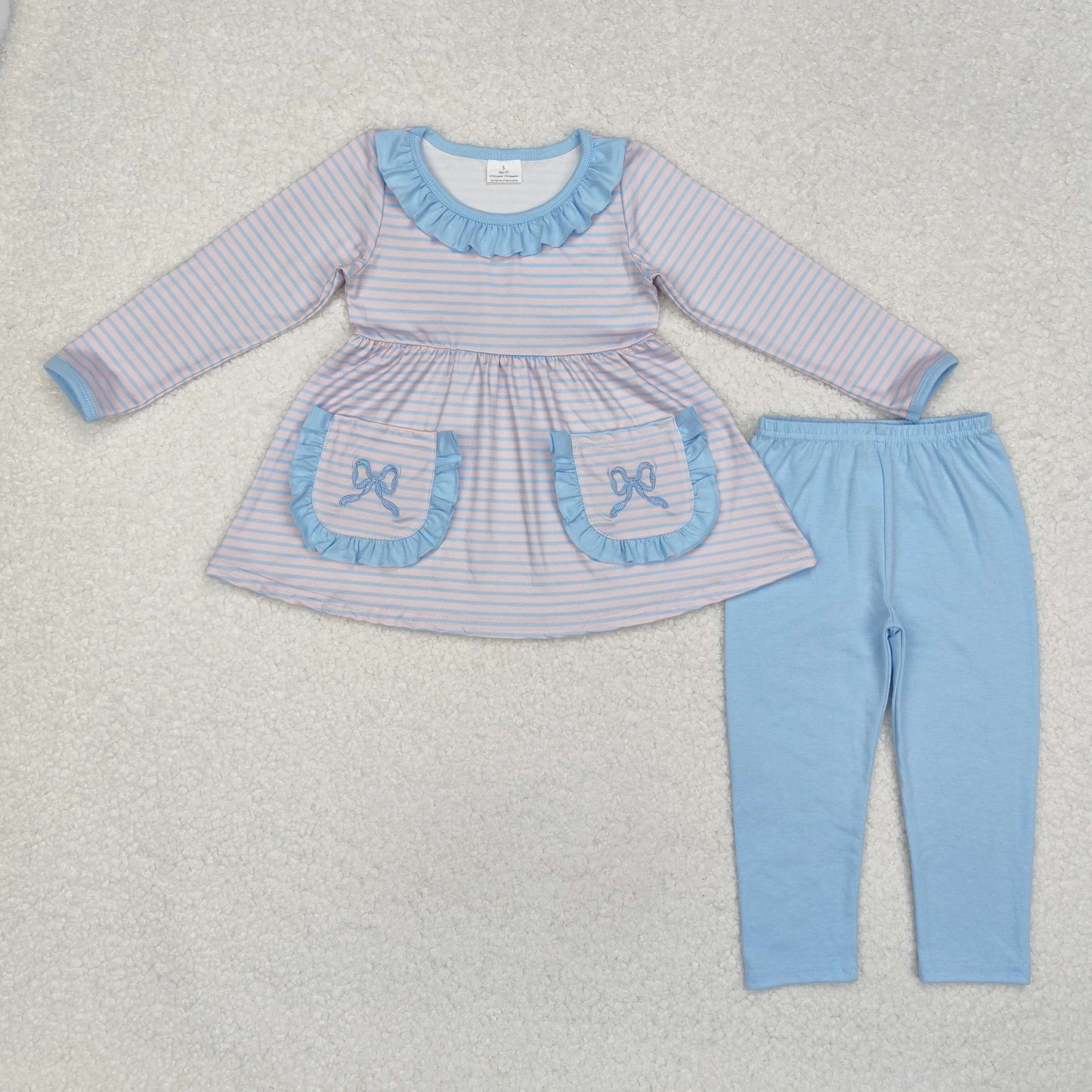 Blue Bow Embroidery Stripes Print Sisters Matching Clothes