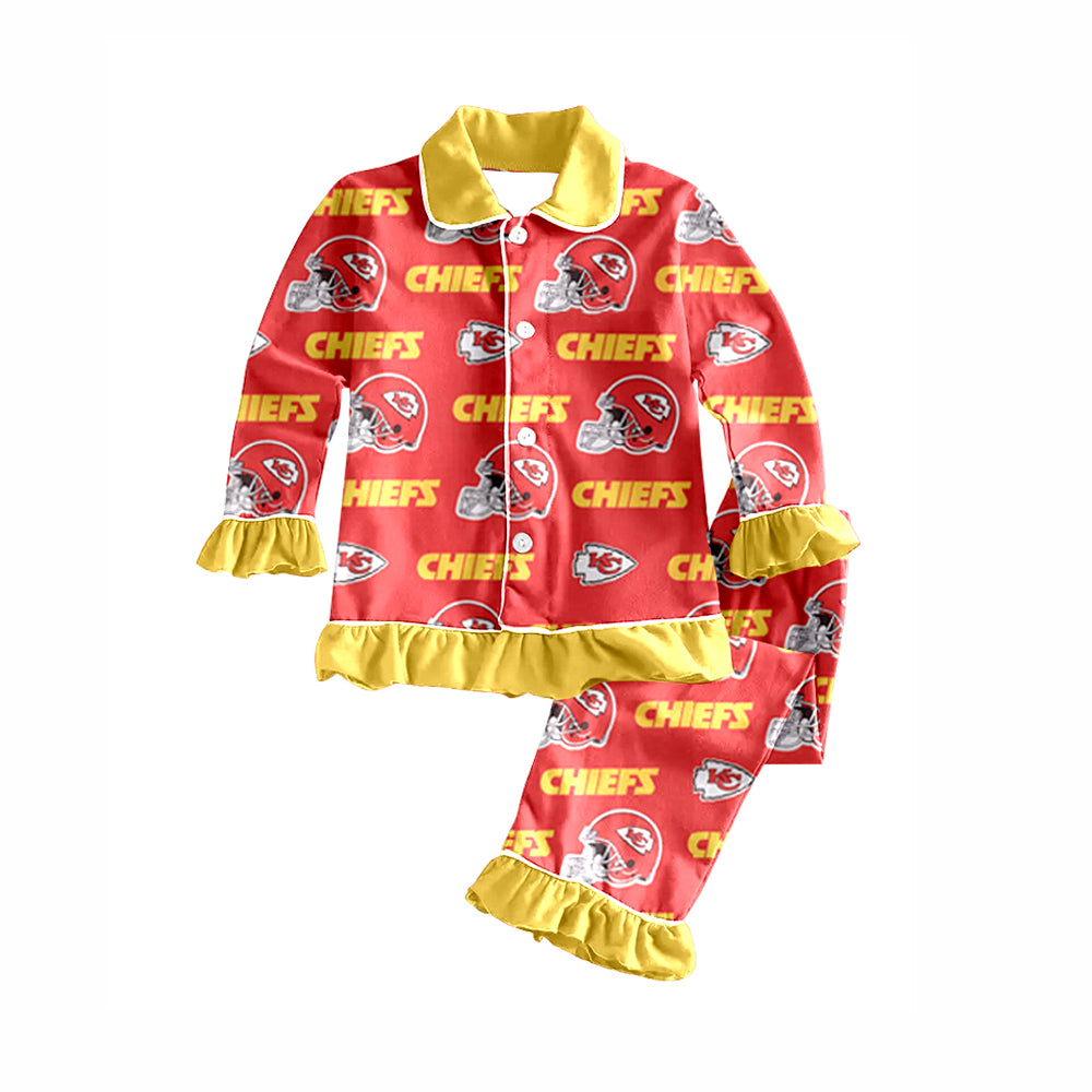 (Custom Design Preorder MOQ 5) Team's KC Yellow Red Print Girls Fall Buttons Pajamas Clothes Set