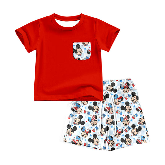 (Custom Design Preorder MOQ 5) Red Pocket Top Cartoon Mouse Shorts Boys 4th of July Clothes Set