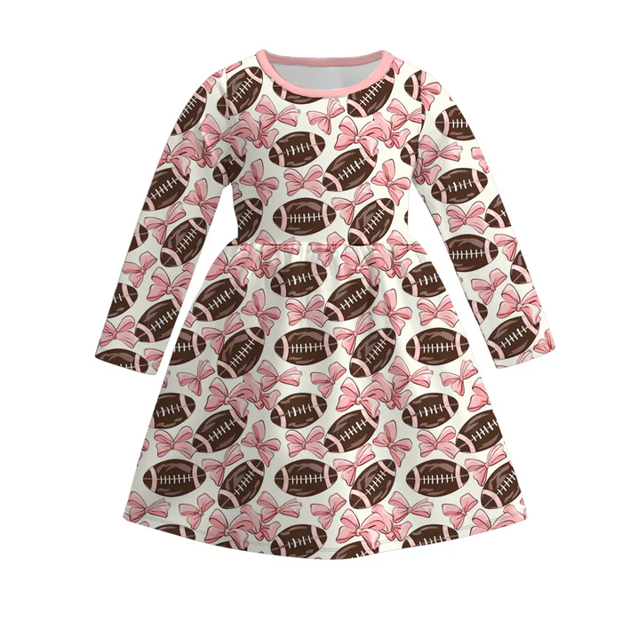 (Custom Design Preorder MOQ 5) Football Bows Print Girls Knee Length Dress