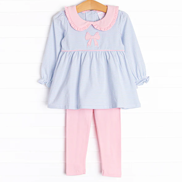 (Custom Design Preorder MOQ 5) Bow Blue Stripes Tunic Top Pink Legging Pants Girls Clothes Set