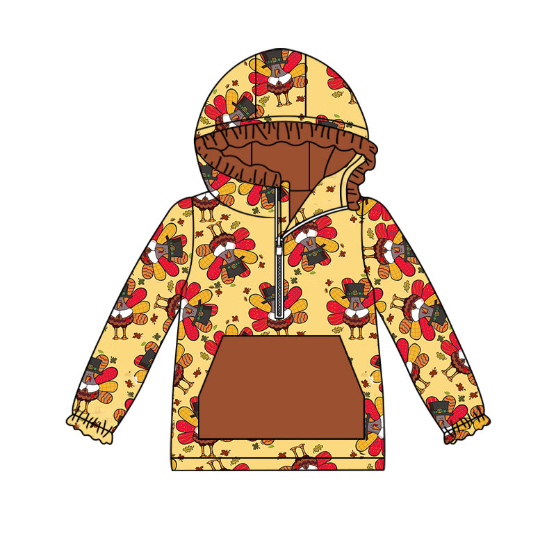 (Custom Design Preorder MOQ 5) Turkey Print Girls Thanksgiving Hoodie Zipper Tops