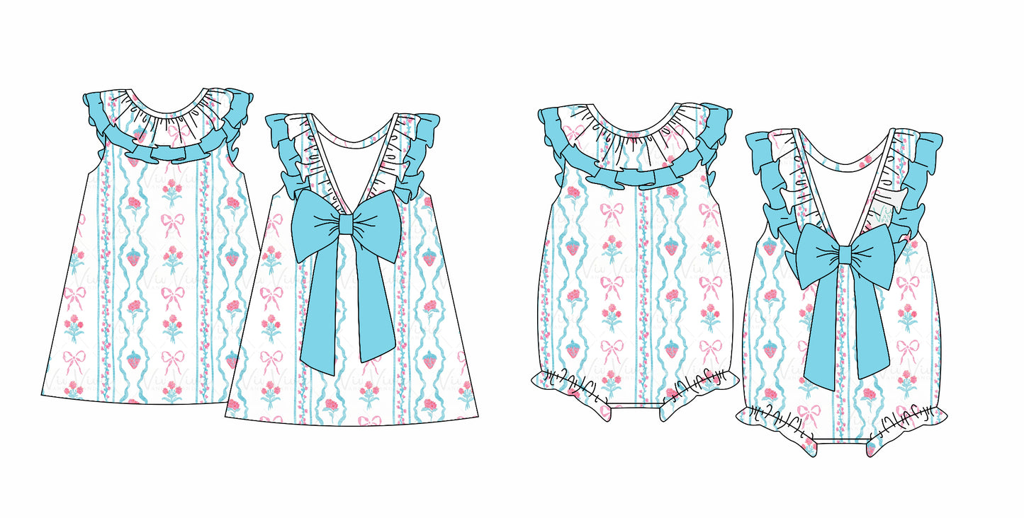 12.14(Custom Design Preorder MOQ 5 Each Design) Strawberry Bows Flowers Print Girls Summer Matching Clothes Sisters Wear