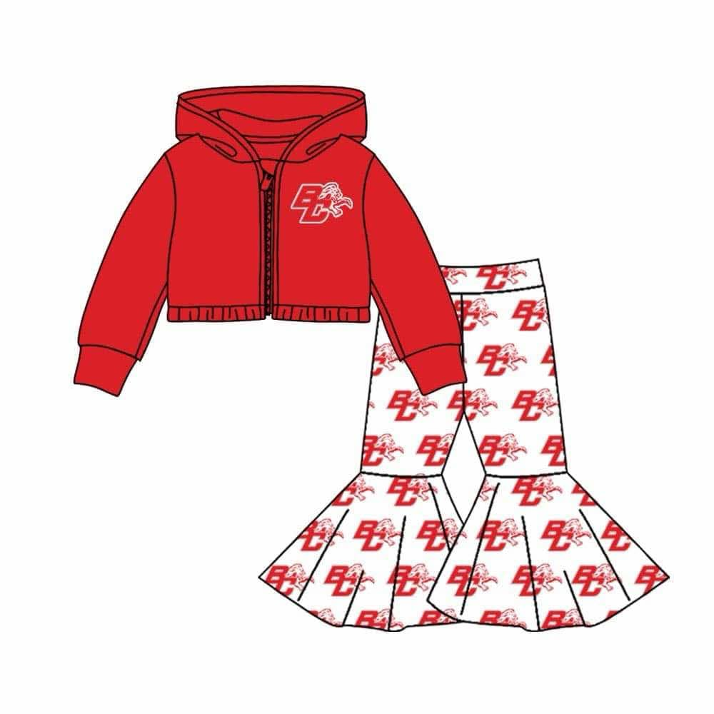 (Custom Design MOQ 5) Team's BC Red Print Bell Pants Hoodie Jacket Top Girls Clothes Set