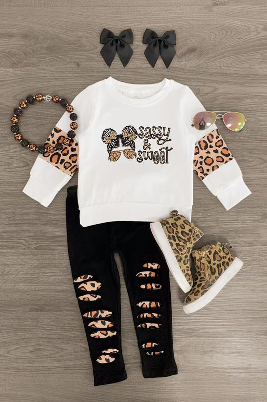 (Custom Design Preorder MOQ 5) Sassy Sweet Top Hole Leopard Legging Pants Girls Clothes Set