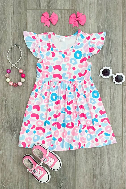 (Custom Design Preorder MOQ 5) Pink Leopard Print Girls Knee Length Summer Dress